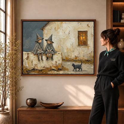 Walnut framed cottage witch friends artwork scene assigned to all six walnut framed canvas sizes.