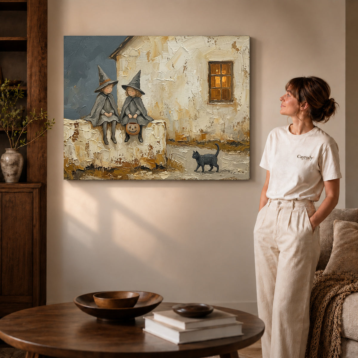 Gallery wrapped cottage witch friends artwork scene assigned to all six unframed wrapped canvas sizes.