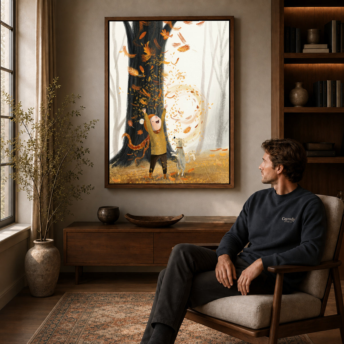 Walnut framed autumn leaf wonder artwork above a seated man in a wood furnished living room.