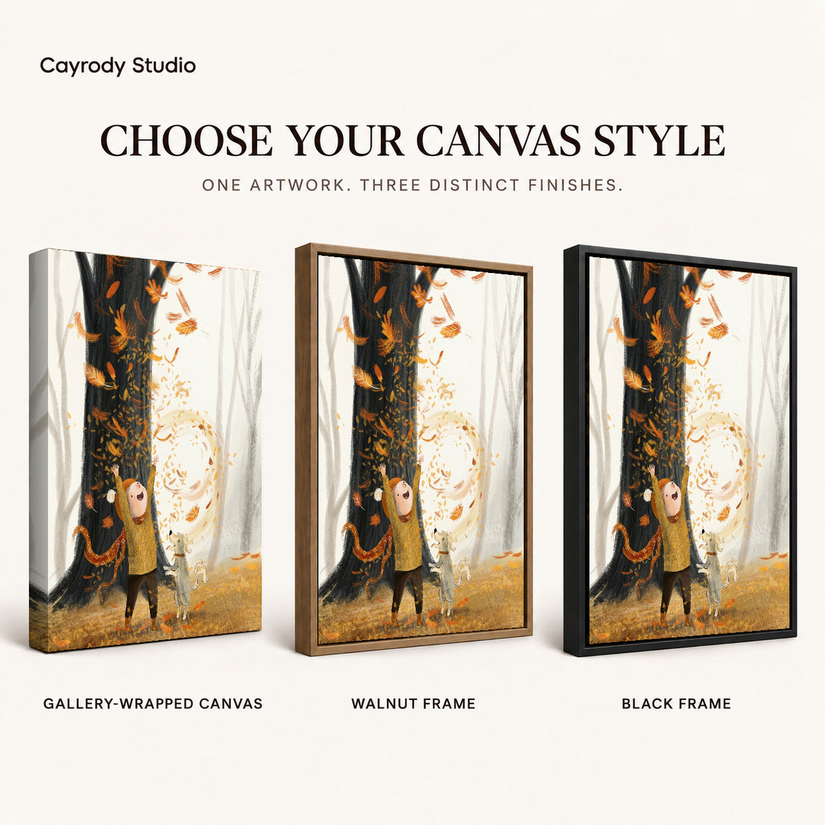 Autumn Leaf Wonder artwork finish chart showing gallery wrapped canvas, walnut frame, and black frame options.