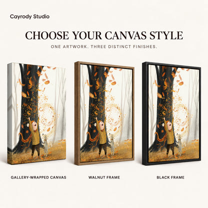 Autumn Leaf Wonder artwork finish chart showing gallery wrapped canvas, walnut frame, and black frame options.