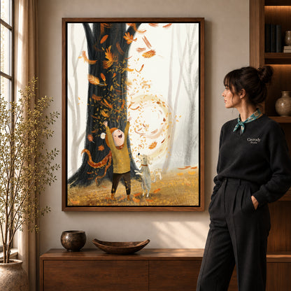 Walnut framed autumn leaf wonder artwork scene assigned to all six walnut framed canvas sizes.