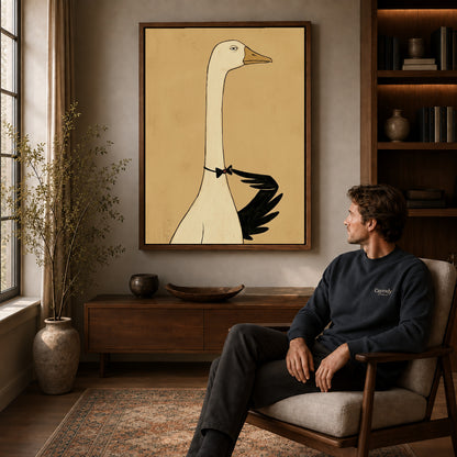 Walnut framed elegant bowtie goose artwork above a seated man in a wood furnished living room.