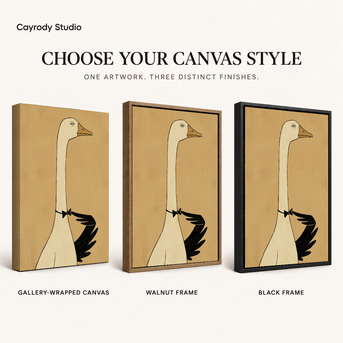Elegant Bowtie Goose artwork finish chart showing gallery wrapped canvas, walnut frame, and black frame options.