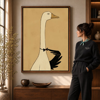 Walnut framed elegant bowtie goose artwork scene assigned to all six walnut framed canvas sizes.