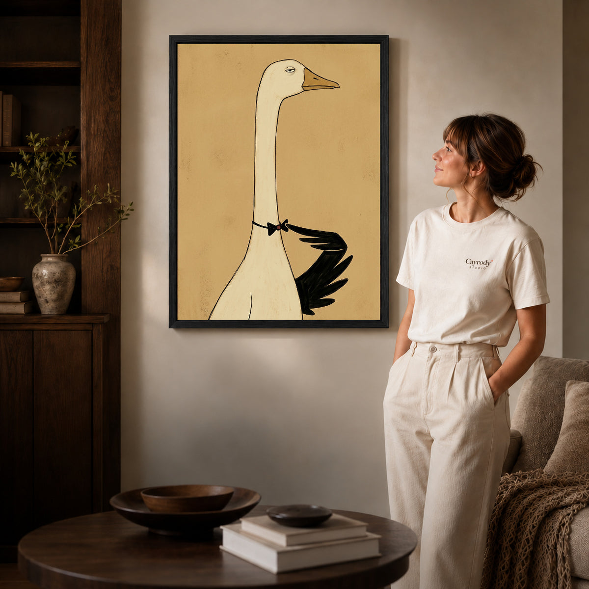 Black framed elegant bowtie goose artwork scene assigned to all six black framed canvas sizes.