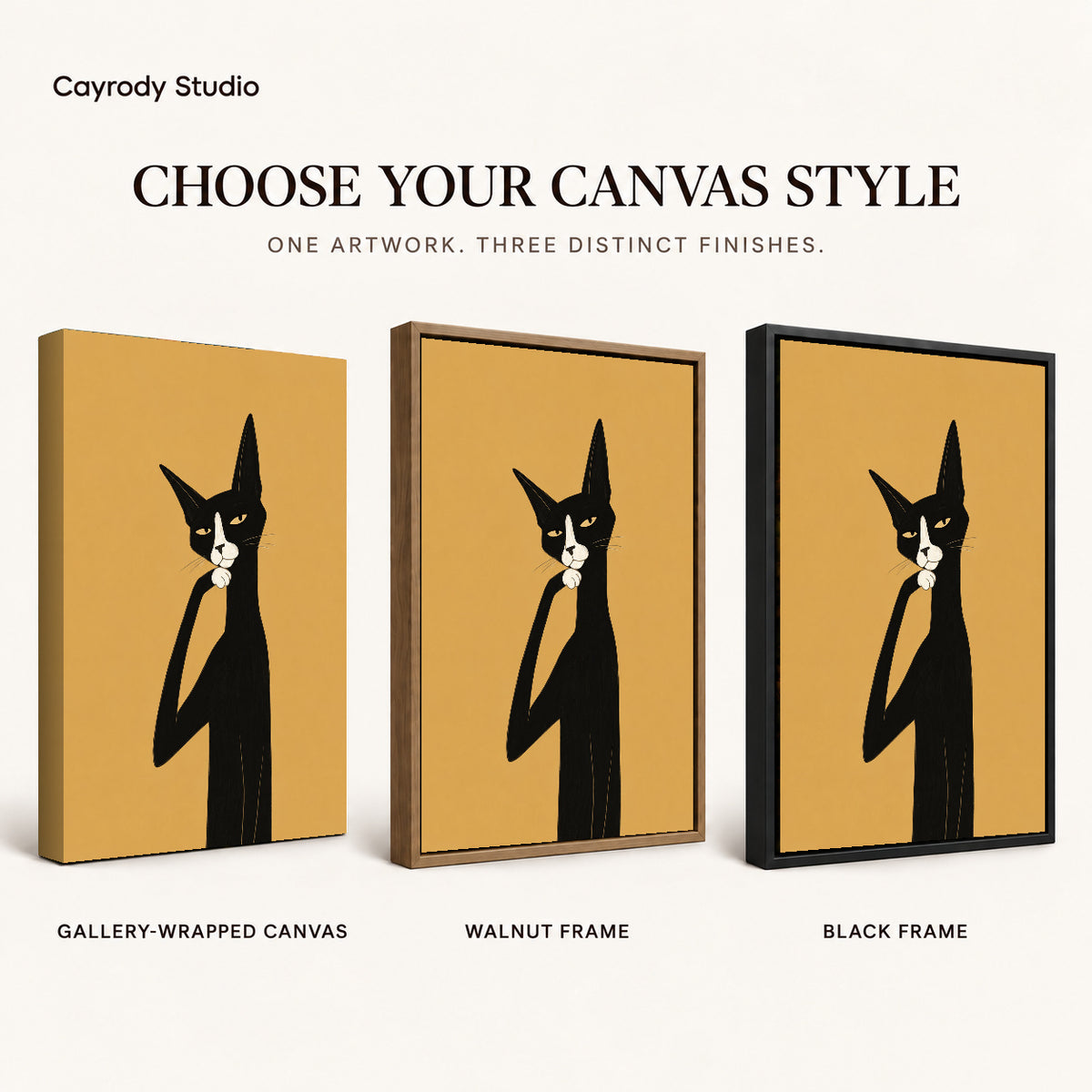 Thoughtful Tuxedo Cat artwork finish chart showing gallery wrapped canvas, walnut frame, and black frame options.