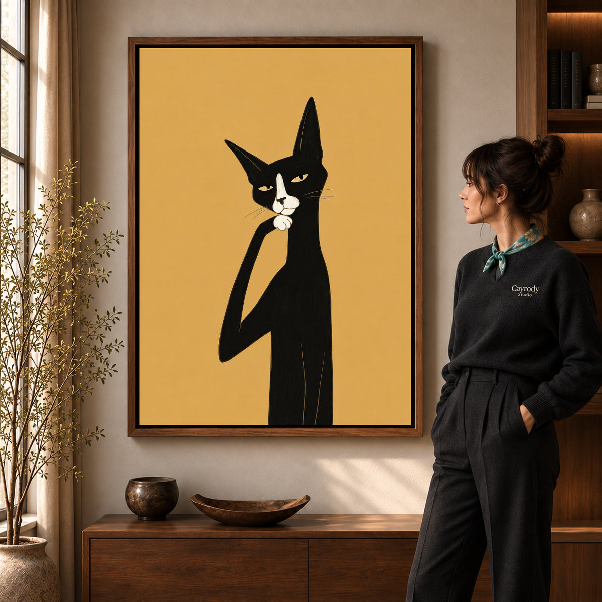 Walnut framed thoughtful tuxedo cat artwork scene assigned to all six walnut framed canvas sizes.