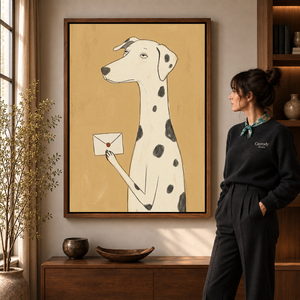 Dalmatian Letter artwork in a walnut frame beside a standing woman in a warm room.