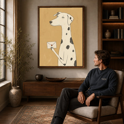 Walnut framed dalmatian letter artwork above a seated man in a wood furnished living room.