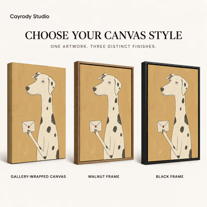Dalmatian Letter artwork finish chart showing gallery wrapped canvas, walnut frame, and black frame options.