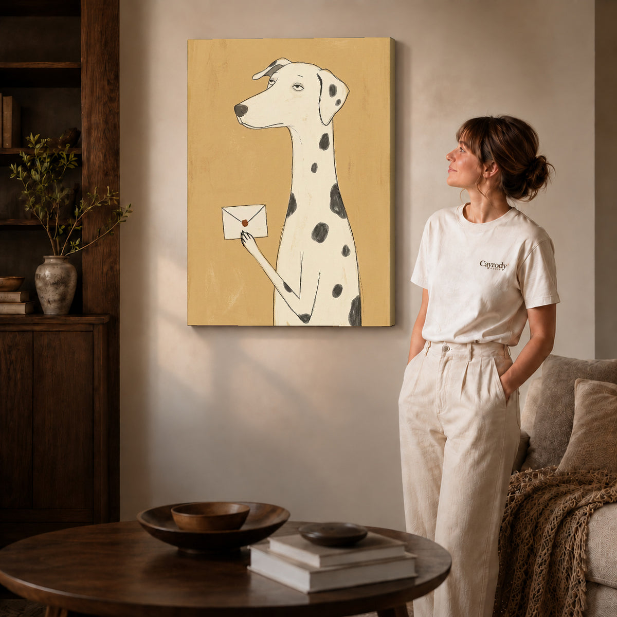 Gallery wrapped dalmatian letter artwork scene assigned to all six unframed wrapped canvas sizes.
