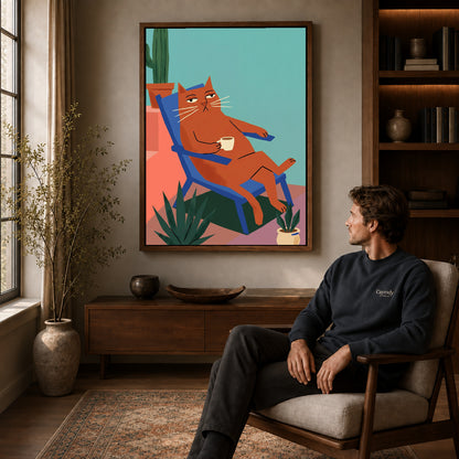Walnut framed coffee break cat artwork above a seated man in a wood furnished living room.