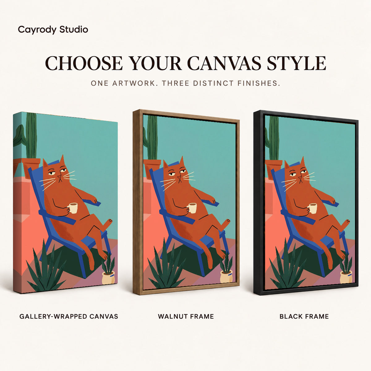 Coffee Break Cat artwork finish chart showing gallery wrapped canvas, walnut frame, and black frame options.