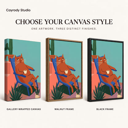Coffee Break Cat artwork finish chart showing gallery wrapped canvas, walnut frame, and black frame options.