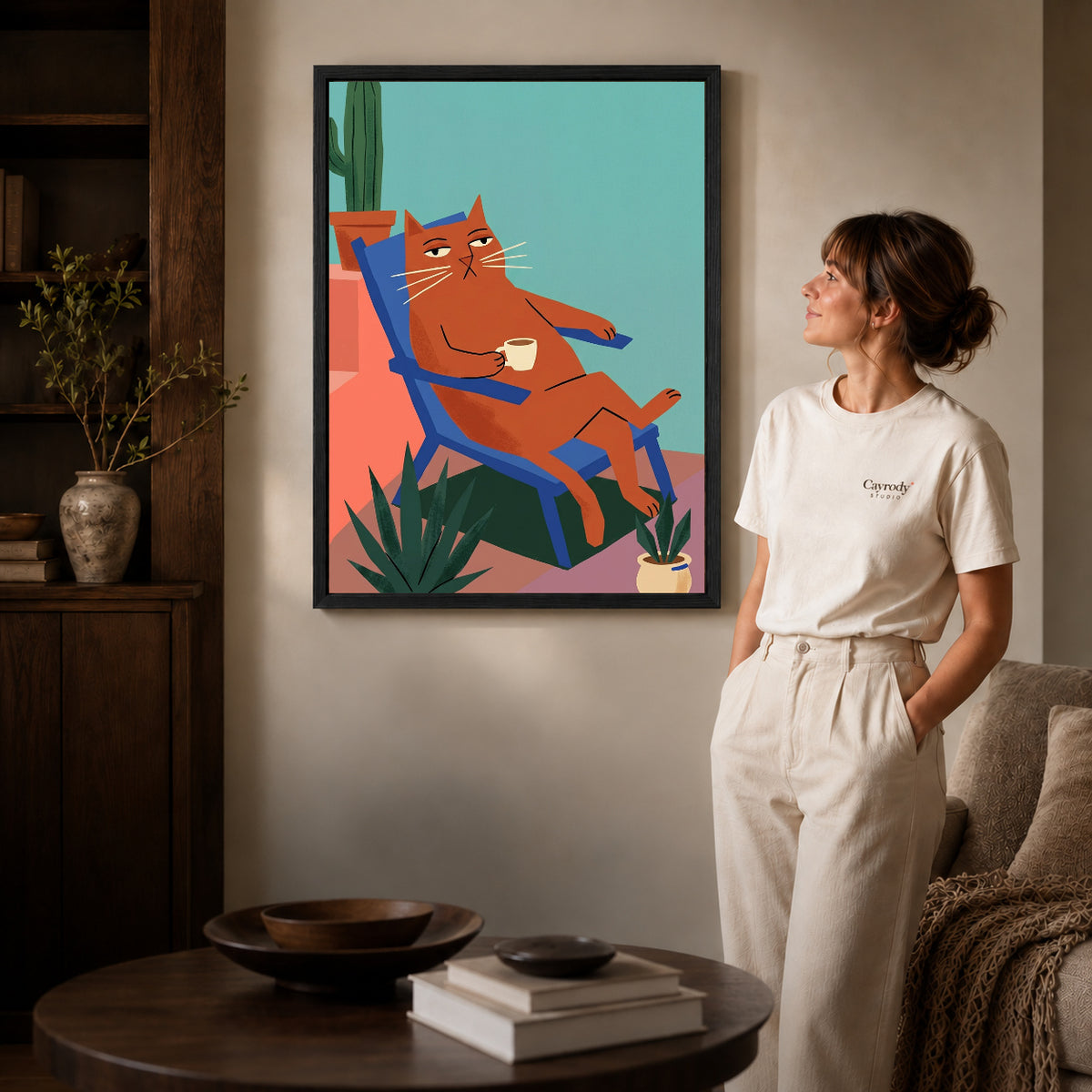 Black framed coffee break cat artwork scene assigned to all six black framed canvas sizes.