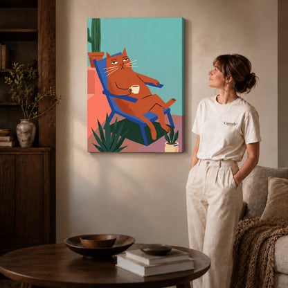 Gallery wrapped coffee break cat artwork scene assigned to all six unframed wrapped canvas sizes.