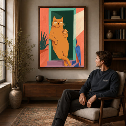 Walnut framed doorway greeting cat artwork above a seated man in a wood furnished living room.