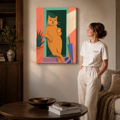 Gallery wrapped doorway greeting cat artwork with shaded canvas edges beside a woman wearing cream clothing.