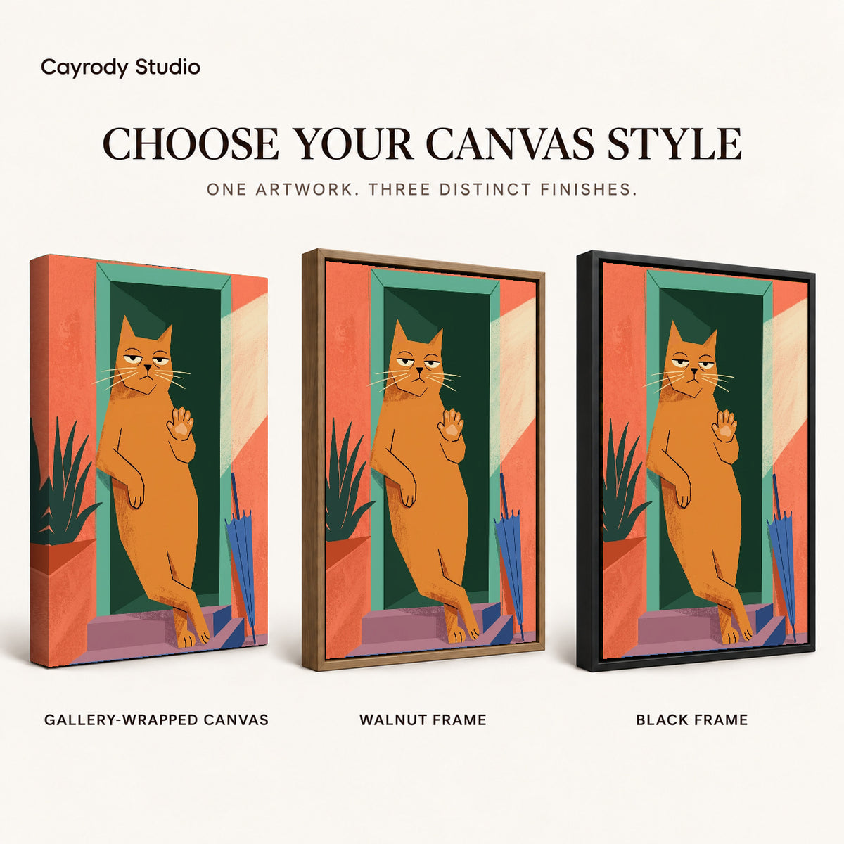 Doorway Greeting Cat artwork finish chart showing gallery wrapped canvas, walnut frame, and black frame options.