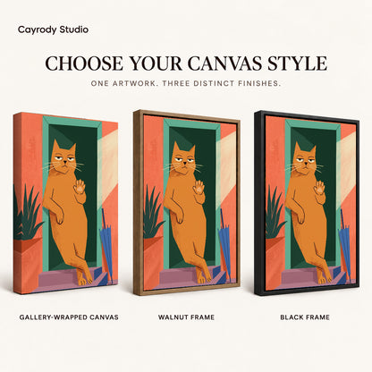 Doorway Greeting Cat artwork finish chart showing gallery wrapped canvas, walnut frame, and black frame options.