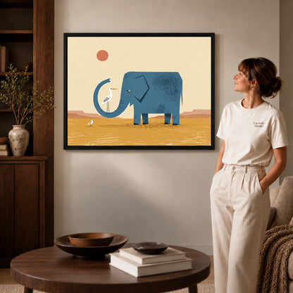 Black framed elephant bird friends artwork beside a woman in a warm neutral living room.