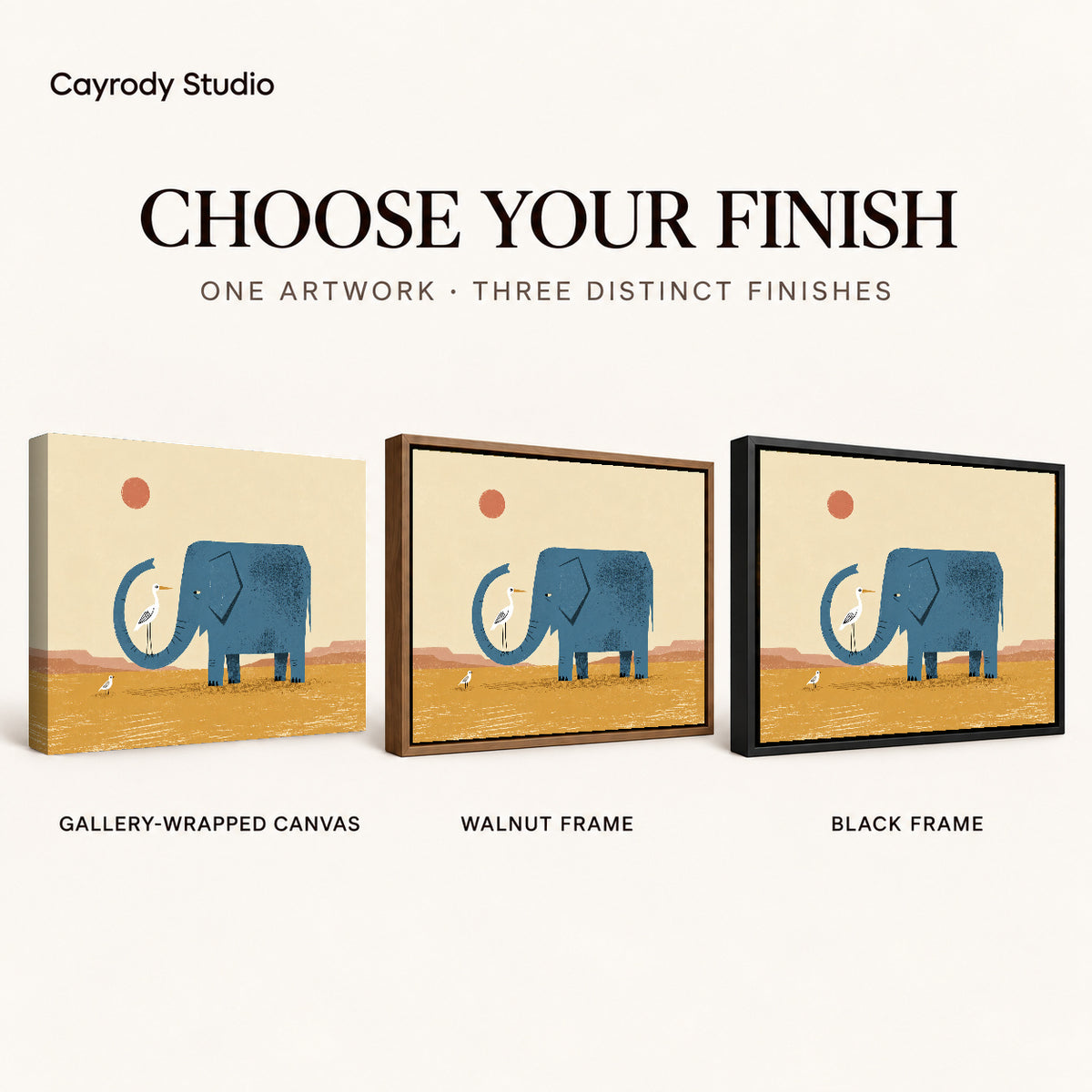 Elephant Bird Friends artwork finish chart showing gallery wrapped canvas, walnut frame, and black frame options.
