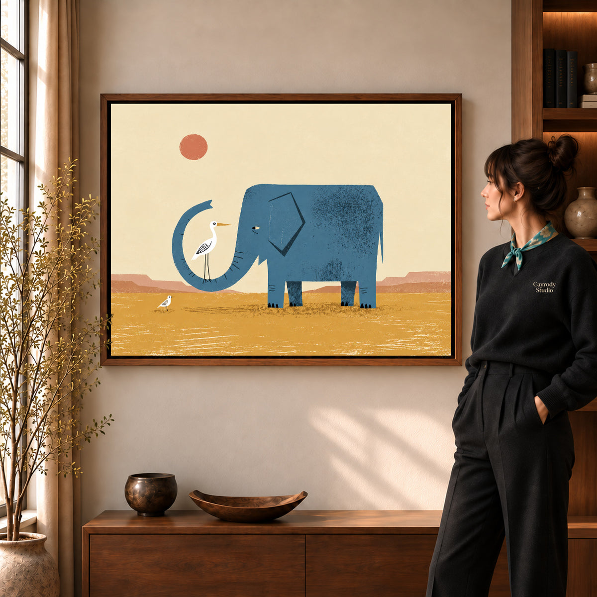 Walnut framed elephant bird friends artwork scene assigned to all six walnut framed canvas sizes.