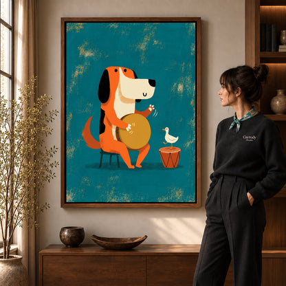 Drumming Dog Duo artwork in a walnut frame beside a standing woman in a warm room.
