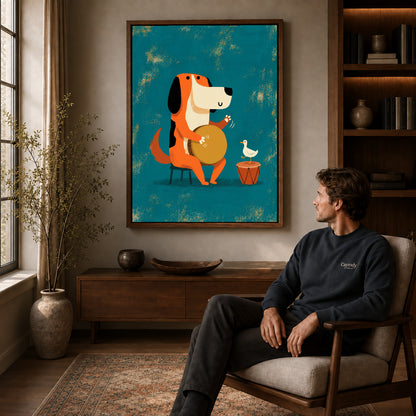Walnut framed drumming dog duo artwork above a seated man in a wood furnished living room.