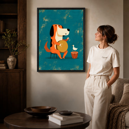 Black framed drumming dog duo artwork beside a woman in a warm neutral living room.