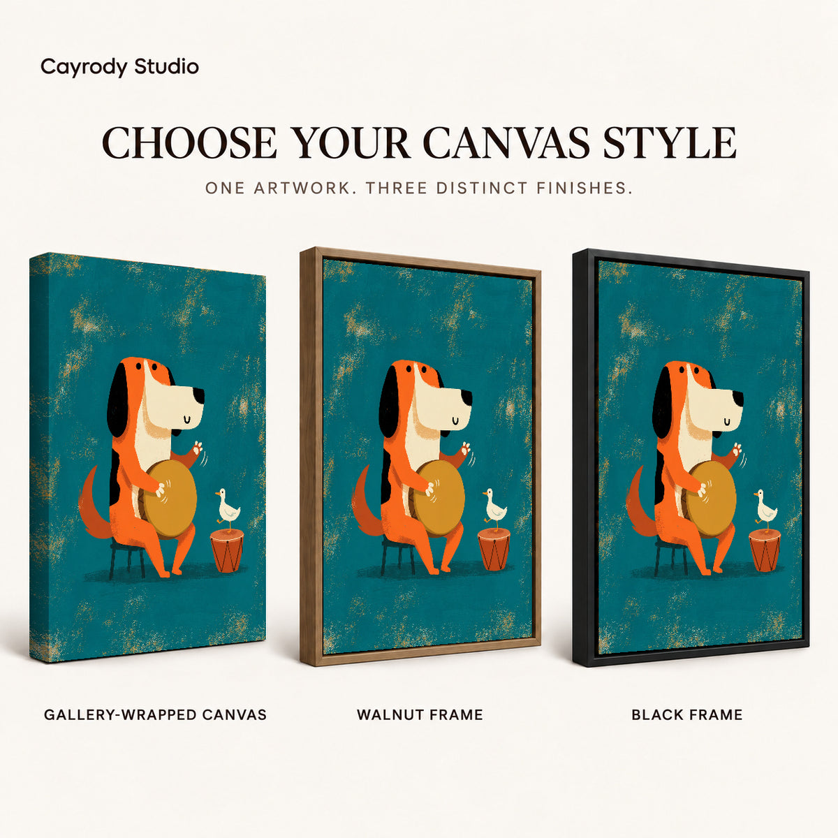 Drumming Dog Duo artwork finish chart showing gallery wrapped canvas, walnut frame, and black frame options.