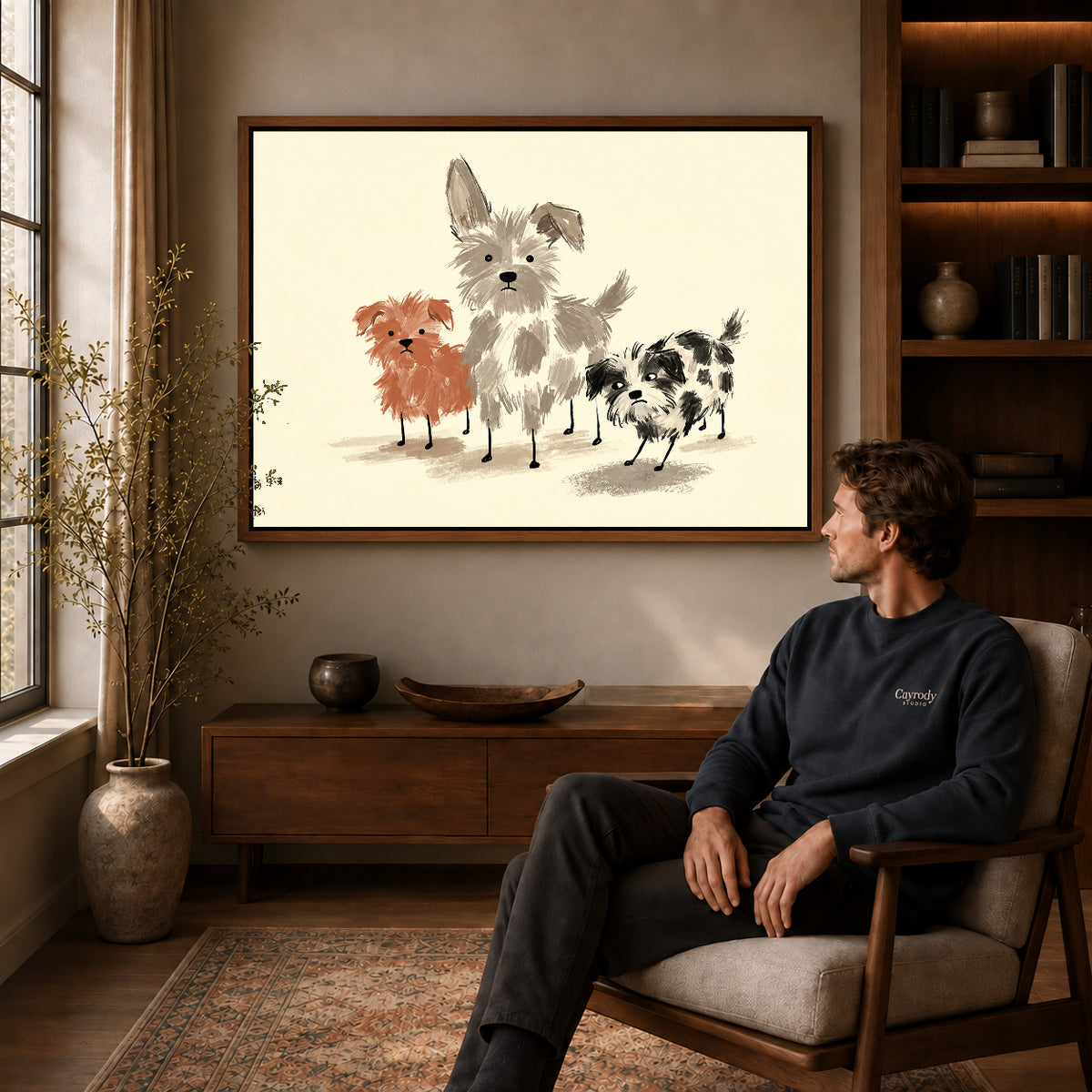 Walnut framed scruffy dog trio artwork above a seated man in a wood furnished living room.
