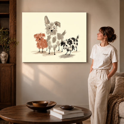 Gallery wrapped scruffy dog trio artwork with shaded canvas edges beside a woman wearing cream clothing.