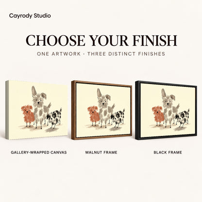 Scruffy Dog Trio artwork finish chart showing gallery wrapped canvas, walnut frame, and black frame options.