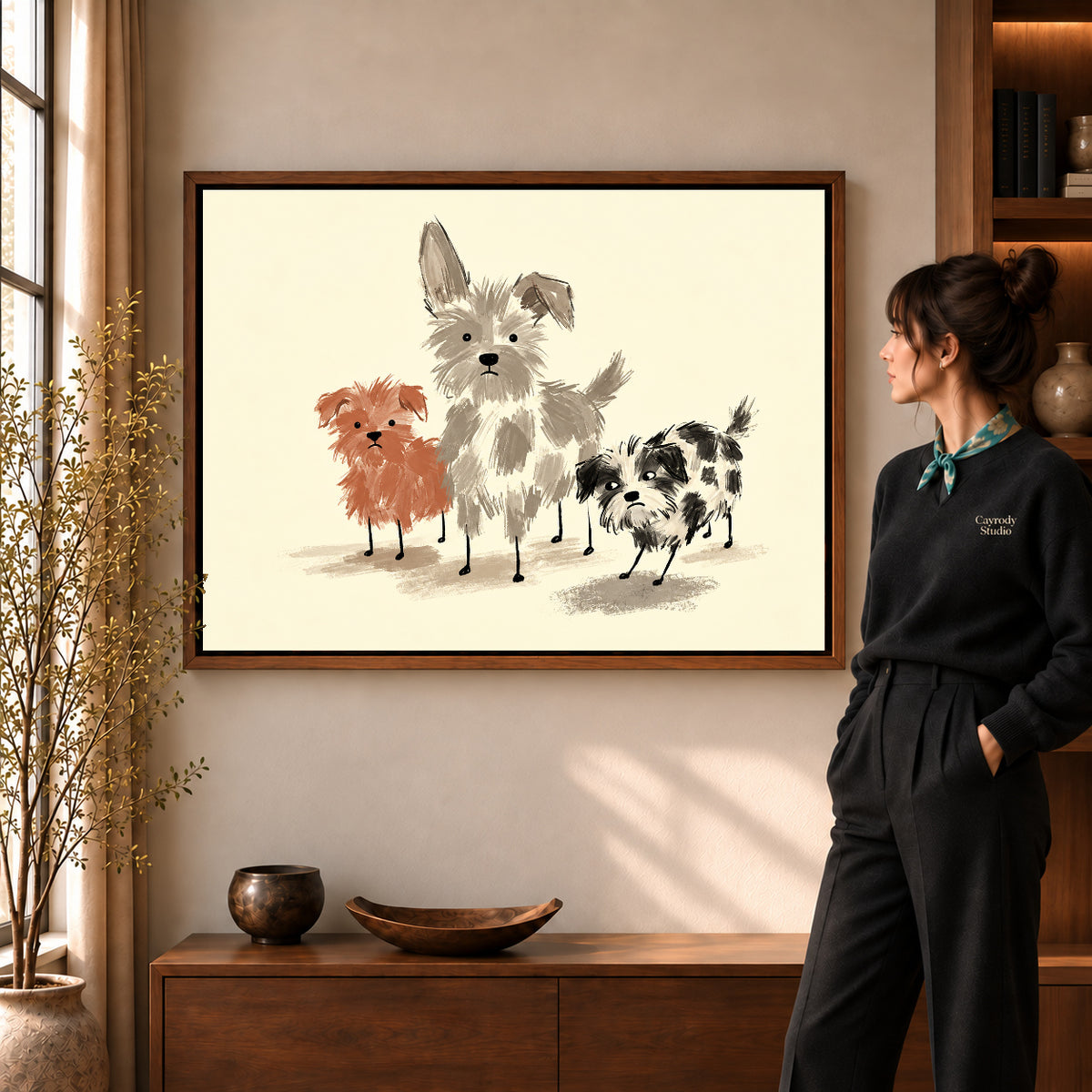 Walnut framed scruffy dog trio artwork scene assigned to all six walnut framed canvas sizes.