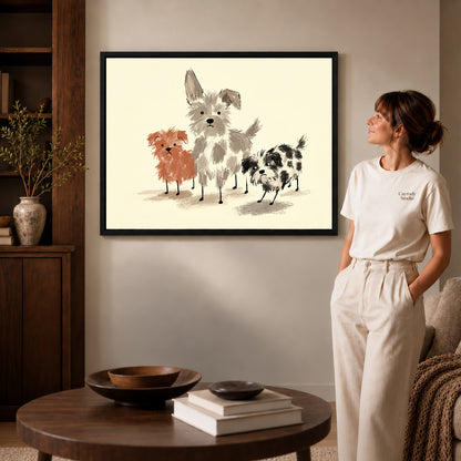 Black framed scruffy dog trio artwork scene assigned to all six black framed canvas sizes.