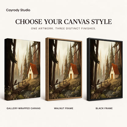 Quiet Forest Cottage artwork finish chart showing gallery wrapped canvas, walnut frame, and black frame options.