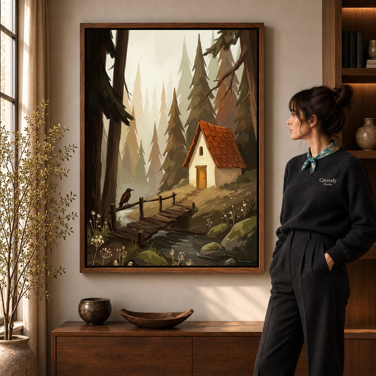 Walnut framed quiet forest cottage artwork scene assigned to all six walnut framed canvas sizes.