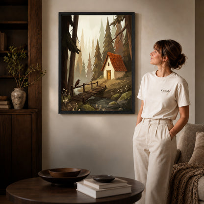 Black framed quiet forest cottage artwork scene assigned to all six black framed canvas sizes.