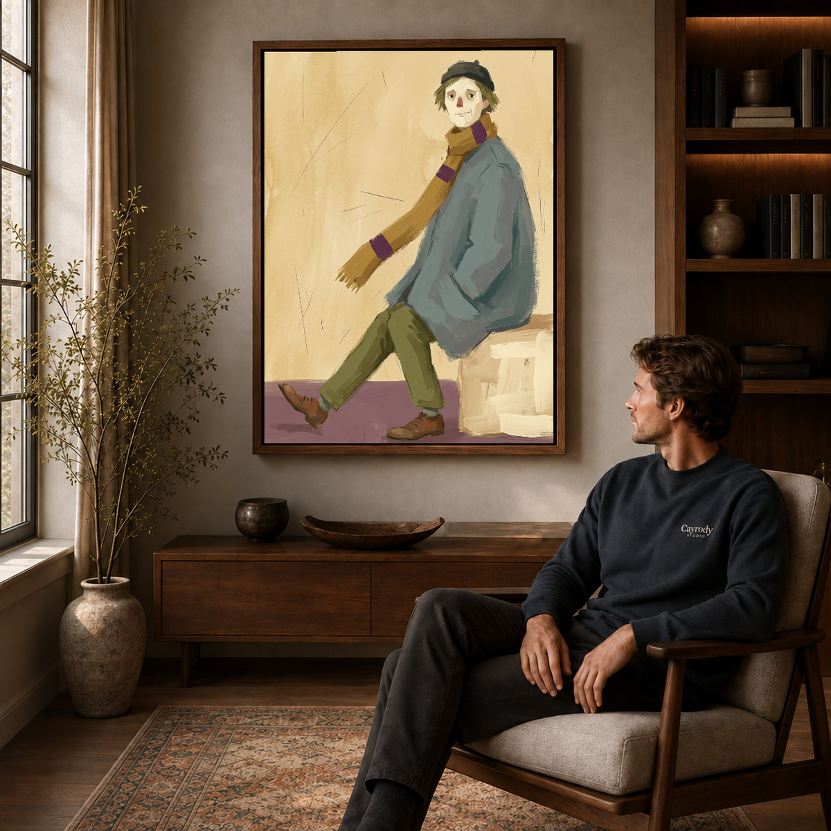 Walnut framed quiet scarf wanderer artwork above a seated man in a wood furnished living room.