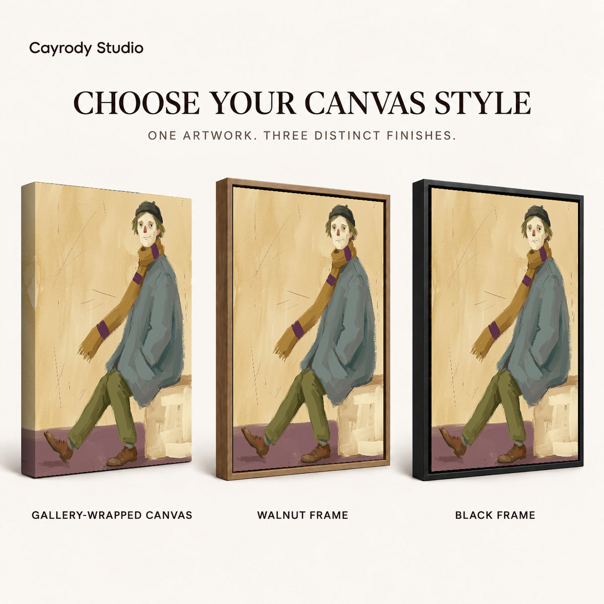 Quiet Scarf Wanderer artwork finish chart showing gallery wrapped canvas, walnut frame, and black frame options.