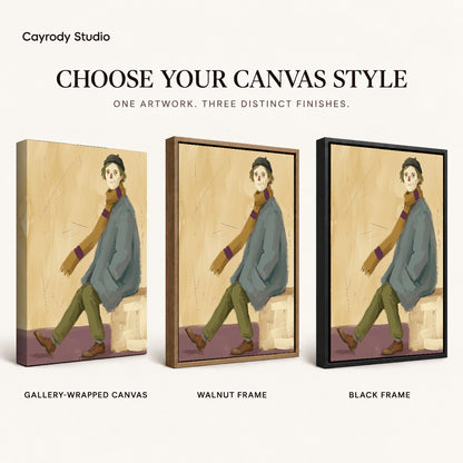 Quiet Scarf Wanderer artwork finish chart showing gallery wrapped canvas, walnut frame, and black frame options.