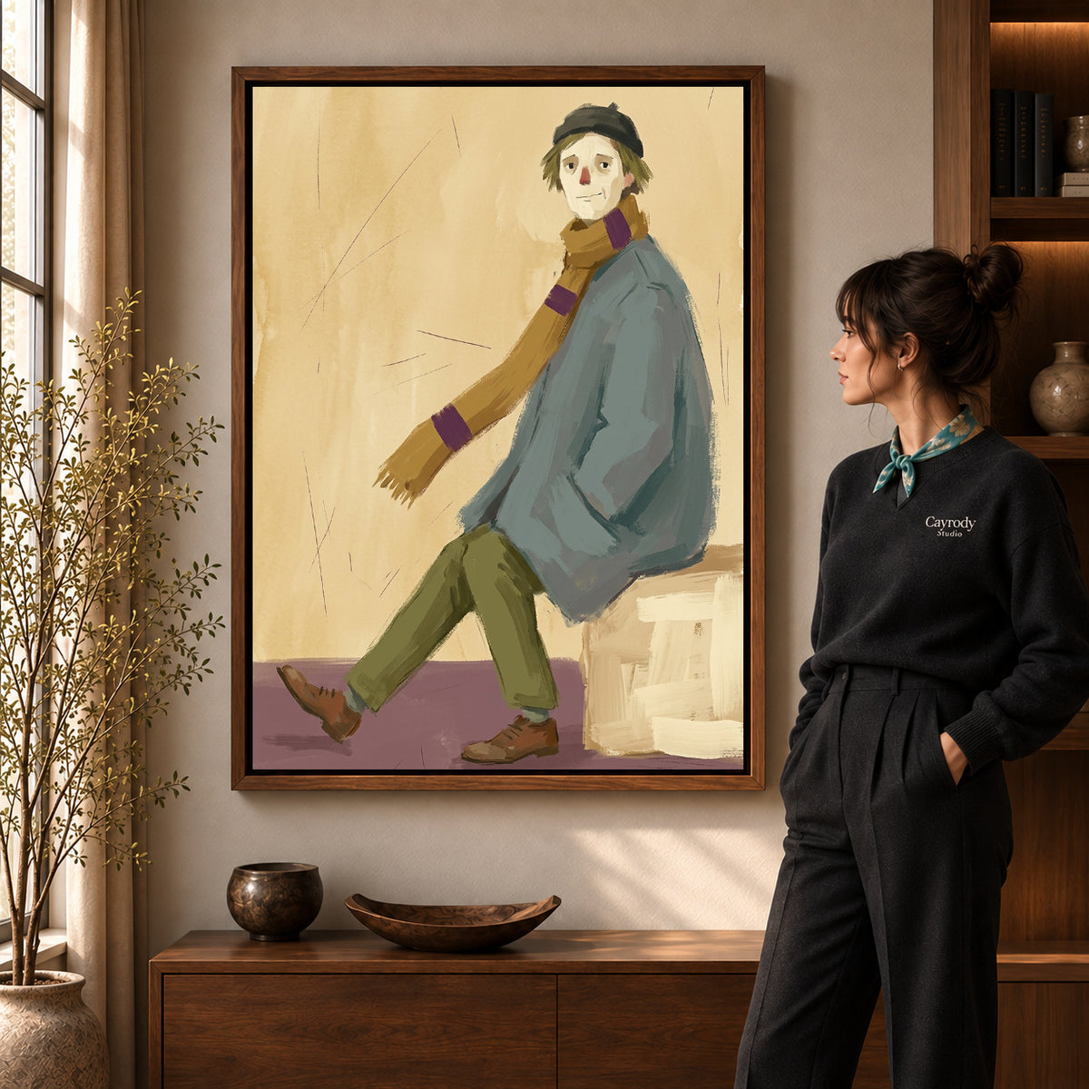 Walnut framed quiet scarf wanderer artwork scene assigned to all six walnut framed canvas sizes.