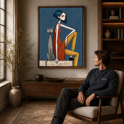 Walnut framed angular woman cat artwork above a seated man in a wood furnished living room.