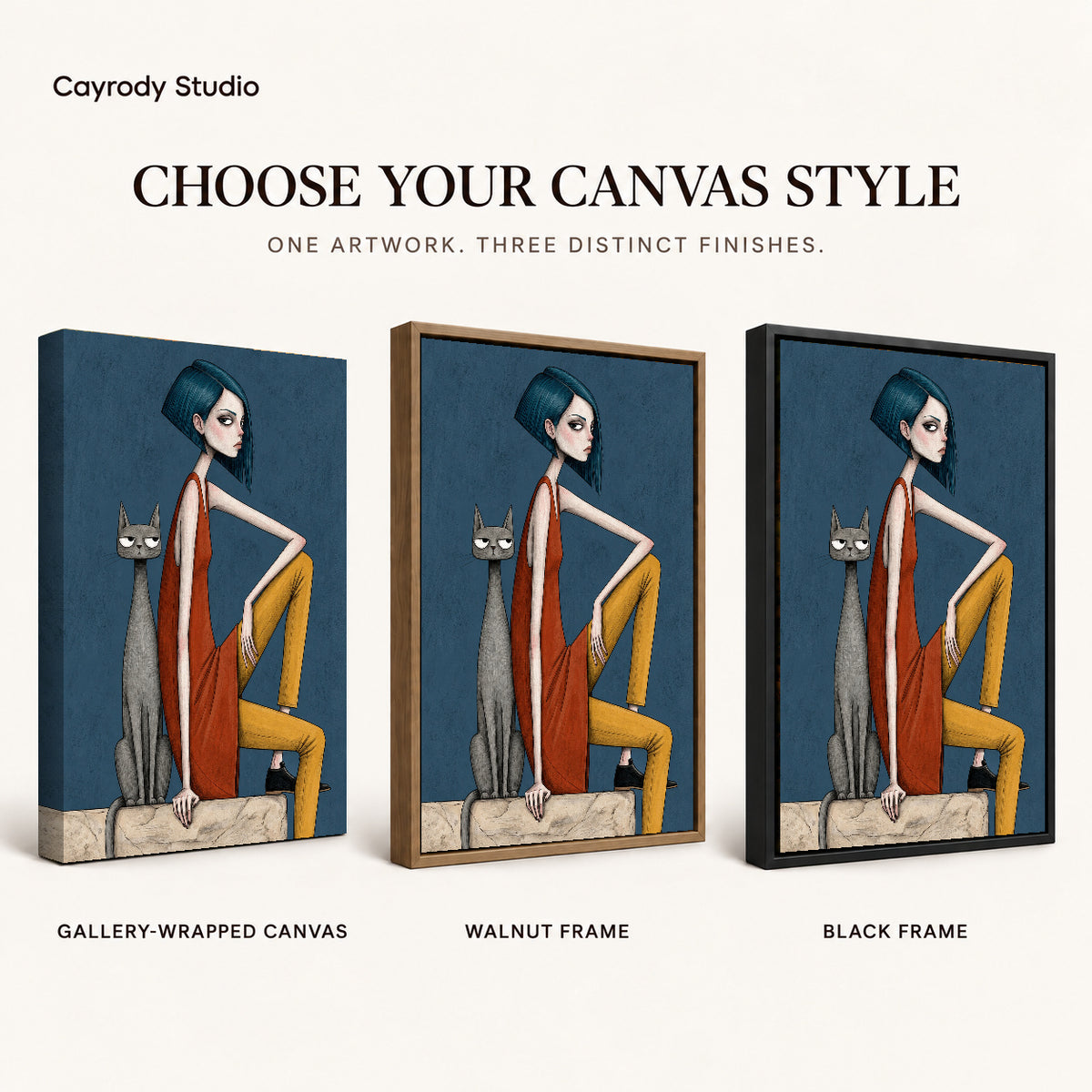 Angular Woman Cat artwork finish chart showing gallery wrapped canvas, walnut frame, and black frame options.
