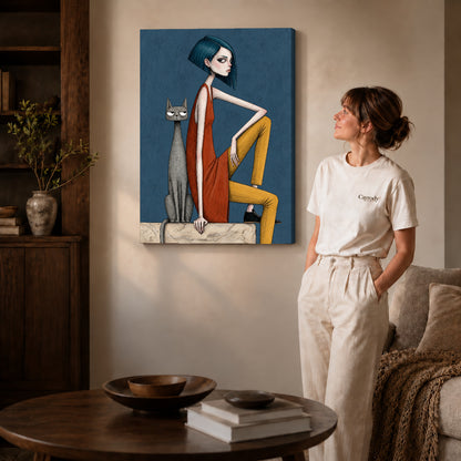 Gallery wrapped angular woman cat artwork scene assigned to all six unframed wrapped canvas sizes.