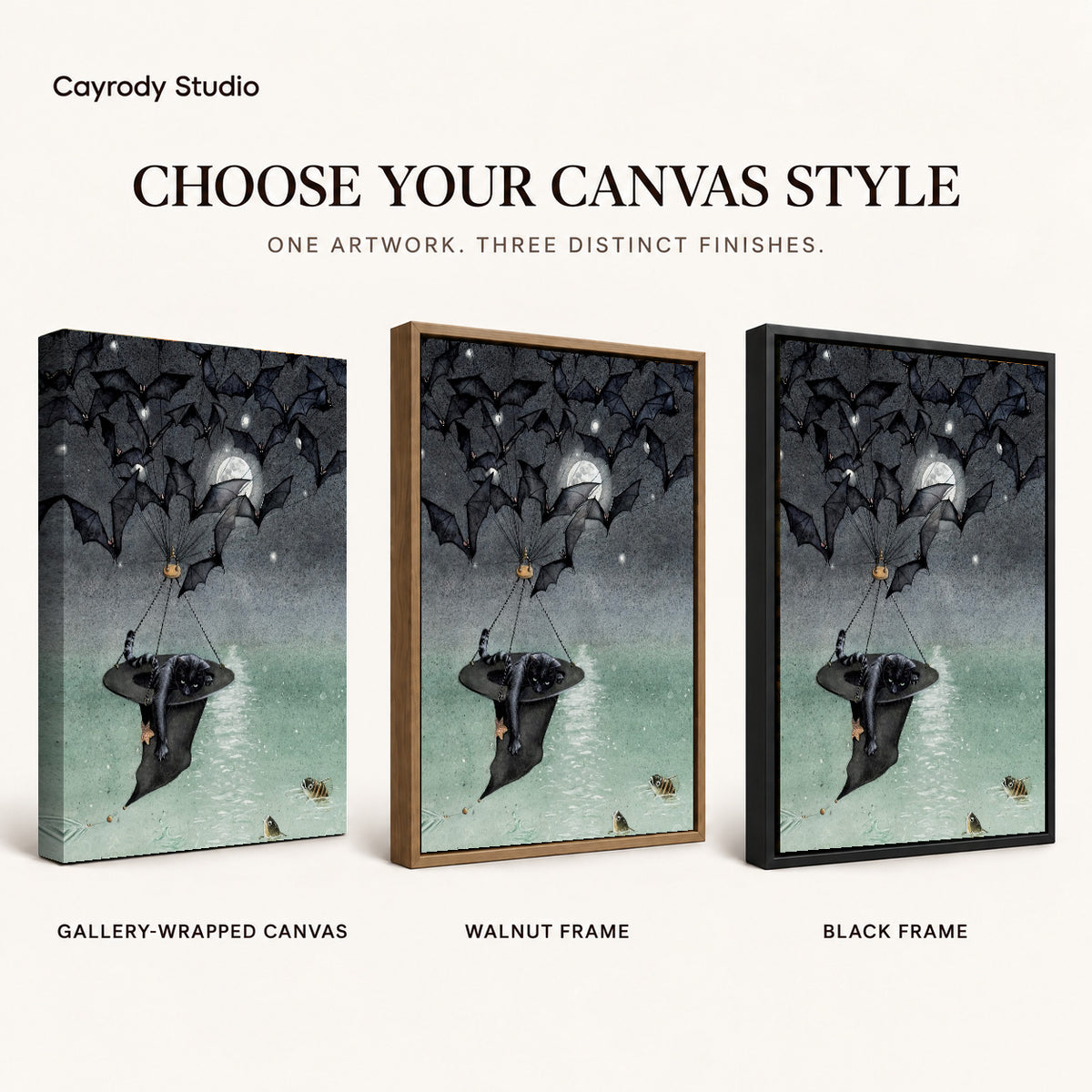 Moonlit Bat Voyage artwork finish chart showing gallery wrapped canvas, walnut frame, and black frame options.