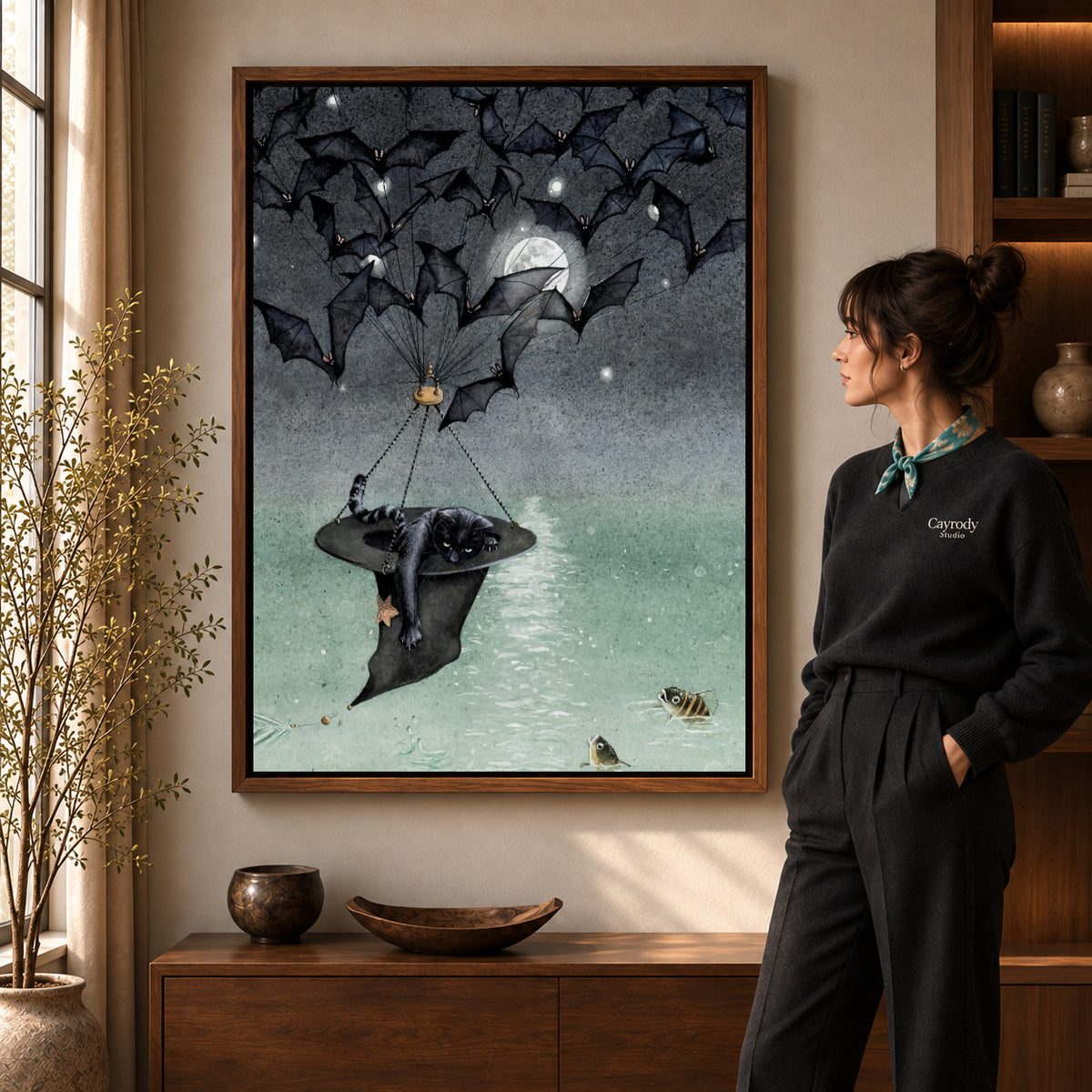 Walnut framed moonlit bat voyage artwork scene assigned to all six walnut framed canvas sizes.