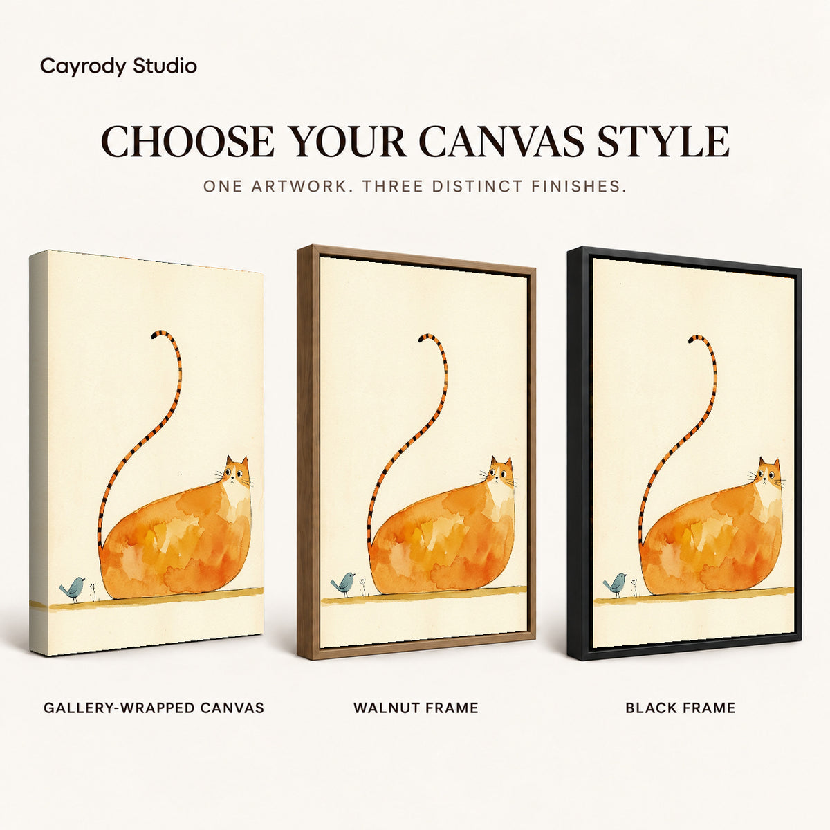 Long Tailed Cat artwork finish chart showing gallery wrapped canvas, walnut frame, and black frame options.